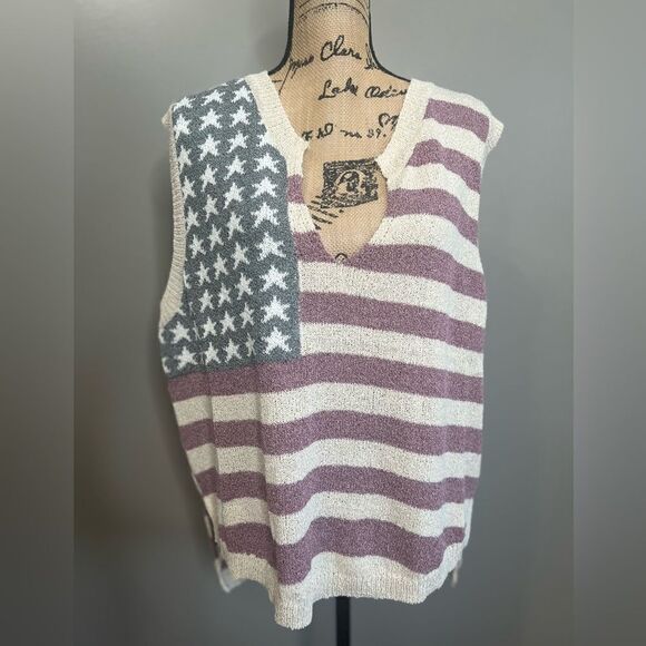 POL high low open knit sleeveless sweater V neck oversized patriotic beach vacay - Picture 5 of 8